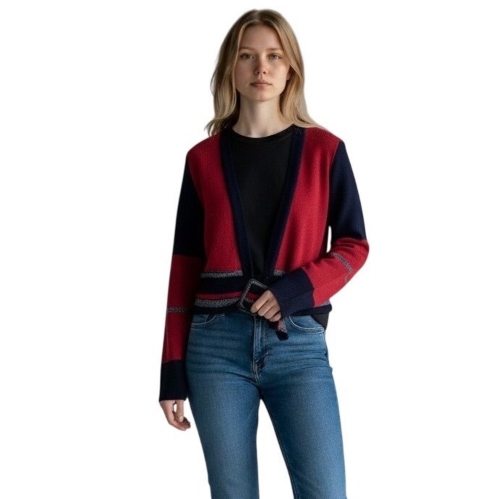 Tribal Women Cardigan Sweater Medium Red Black Colorblock Buckle Academia Retro